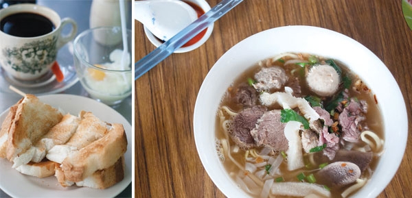 Perfect for a mid-morning break - toast, half-boiled eggs and coffee at Toh Soon (left). Beef noodles at Sri Weld (right).