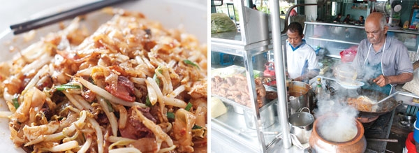 Char koay teow at the roadside stall along Siam Road (left). This little-known mee goreng stall serves up one of the best Indian-style spicy fried noodles in Penang (right).