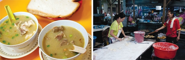 Hot bowls of chicken, lamb or beef soup at Sup Hameed best eaten with warm steamed bread (left). Eu char kuey at Jalan Air Itam (right).