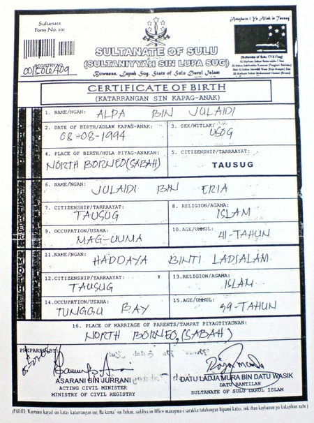 Sultante Sulu Certificate of Birth